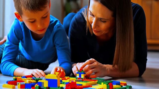Caring mother and son building with colorful interlocking bricks while lying on the floor together. Childhood development creative learning and quality family time through educational games at home.