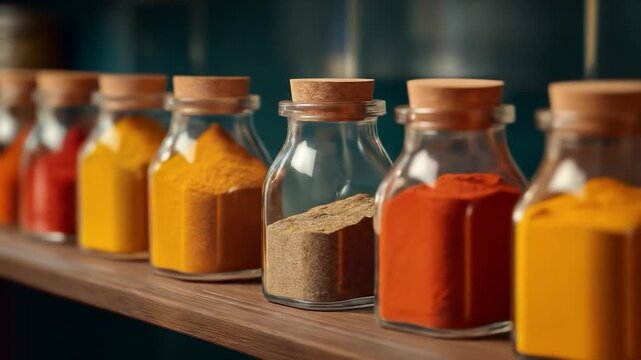 Vibrant Spice Symphony: An artful collection of spice jars, each brimming with a different hue, meticulously aligned on a shelf.