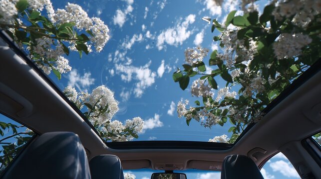 Sunroof view white flowers, blue sky with clouds framed by interior roof