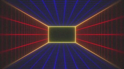 Futuristic neon grid floor glowing in perspective, retro cyberspace digital environment, dark blue and red tones and yellow neon lines and frame - Powered by Adobe