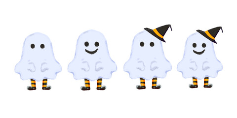 Cute Halloween Ghost Characters in a Row with Witch Hat and Smiling Faces