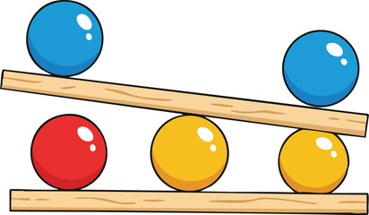 Colorful balancing balls on wooden planks illustrating equilibrium and stability in vector format 