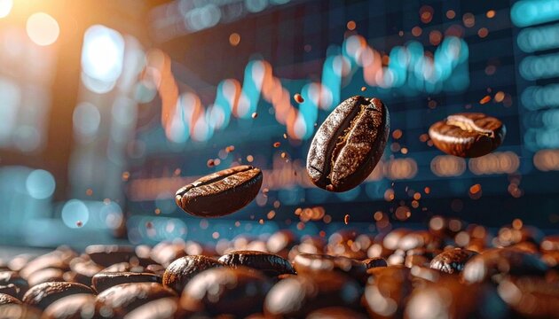 Closeup of flying coffee beans with blurred stock market chart background showing concept of trade energy global commodity and daily ritual