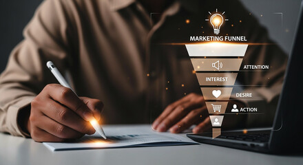 Person using stylus with marketing funnel on screen showing attention interest desire and action