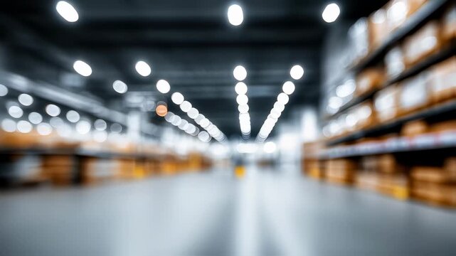 Medium shot of daylight harvesting system adjusting LED lighting in warehouse featuring natural light optimization with softly blurred storage racks.