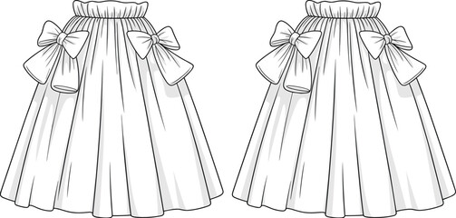 Technical fashion flat sketch of pleated skirt with large side bows, gathered waistband, sewing pattern outline, duplicate front views, black and white CAD vector illustration