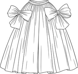 Technical fashion flat sketch of pleated skirt with large side bows, gathered waistband, sewing pattern outline, front view, black and white CAD vector illustration