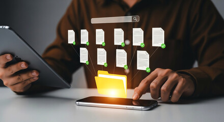 Person using tablet and phone with document transfer and search bar overlaying the devices image