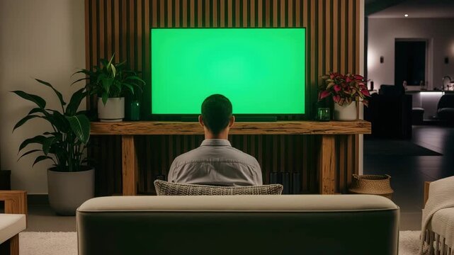 Man Watching Green Screen TV: Modern Home Evening Relaxation
