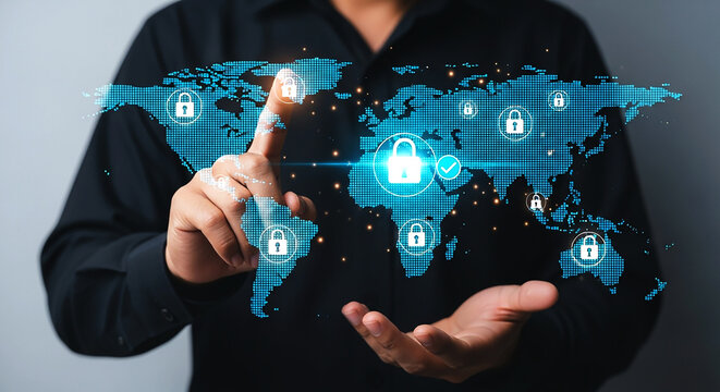 Man interacting with a world map displaying security lock icons in a digital interface overlaying the globe
