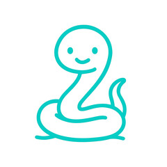 Fototapeta premium Silly serpentine friend outlined in teal smiles warmly on white background