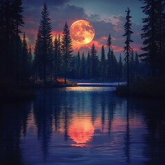 Mystical moonlit lake reflecting colorful twilight high resolution picture