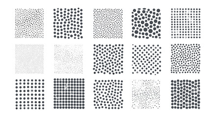 Fifteen rectangles filled with varying patterns of black oval shapes