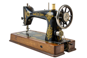 Elegant antique sewing machine with intricate gold detailing and a warm wooden base, showcasing vintage craftsmanship and timeless design