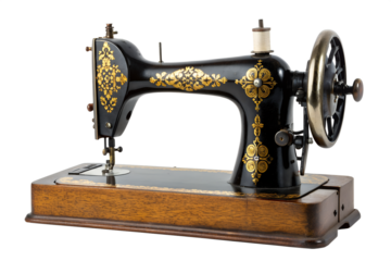 Classic vintage black sewing machine with intricate golden filigree patterns, a retro household appliance for tailoring and needlecraft on a white background