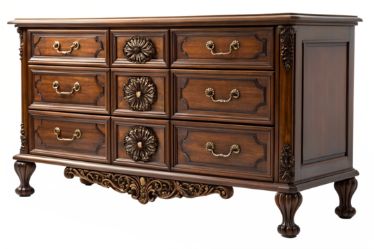 Timeless antique style wooden commode with intricate carvings and nine drawers. A classic piece of heritage bedroom furniture with an ornate, luxurious finish reminiscent of a bygone era