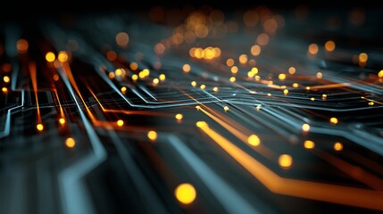 Dynamic abstract data flow visualization with vibrant orange and blue glowing lights representing digital networks and information streams, perfect for tech innovation concepts