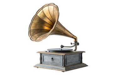 Elegantly crafted antique gramophone with a gleaming golden brass horn and a textured wooden cabinet, evoking a sense of historical music and vintage charm
