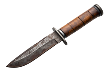 Close-up view of a rustic, weathered combat knife with a worn leather handle, showcasing its historical significance and rugged appeal