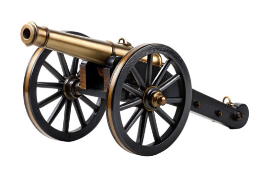 Elegant replica of a vintage artillery piece, featuring a gleaming brass barrel and dark wooden wheels, meticulously isolated on a clean white backdrop, perfect for historical decor