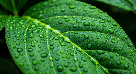 Vibrant Green Leaf with Dew Drops: Close-up Macro Photography of Lush Nature