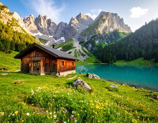 Idyllic Alpine Retreat: A Wooden Cabin by the Turquoise Lake and Majestic Mountains