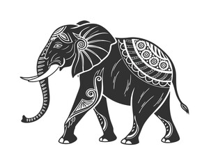 Elegant Black and White Elephant Illustration with Ornate Tribal Designs Perfect for Art Projects and Graphic Design Resources