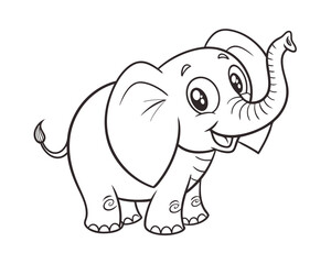 Cute Cartoon Elephant Outline Illustration for Coloring Books and Educational Materials Featuring Smiling Happy Baby Elephant with Trunk Up