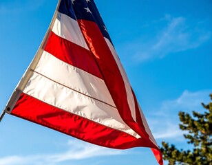 American flag waving in bright blue sky