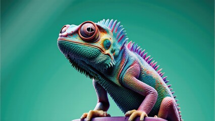 Obraz premium chameleon wearing dark shades, geometric and faceted vector art, minimal abstract style, centered on a solid color panorama background.