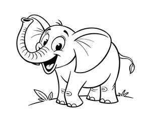 Cheerful Cartoon Elephant with Trunk Up and Smiling Face Black and White Line Art Illustration
