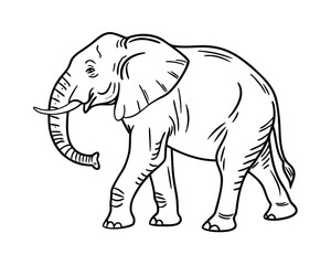 Majestic Elephant Illustration in Black and White Outline Walking with Pride and Strength Depicting Wildlife Conservation