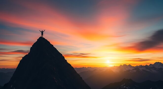 Majestic Mountain Peak Reached At Sunrise With Arms Raised High