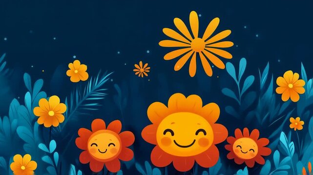 Colorful cartoon flowers with smiling faces in a vibrant garden against a dark blue background