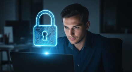 A focused individual actively managing online privacy and data protection, highlighted by a prominent glowing padlock, symbolizing secure digital operations and network safety