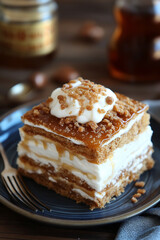 Delicious cake with cream, honey, and syrup on a plate with fork, perfect sweet layered treat