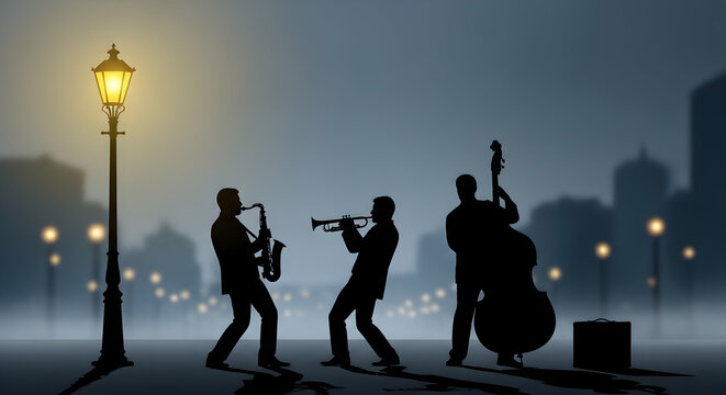 Silhouette of a jazz trio playing music on a foggy city street at night