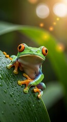 Obraz premium A captivating glimpse into the vibrant world of tropical amphibians, showcasing a brightly colored frog perched gracefully on a dew-kissed leaf amidst lush jungle foliage