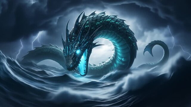 Bioluminescent sea serpent rising from stormy ocean waves with glowing blue jaws.