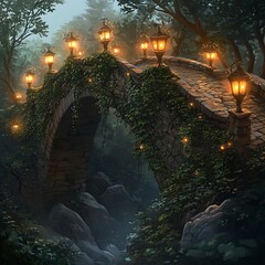 Mystical woodland bridge glowing with enchanted lanterns high resolution picture