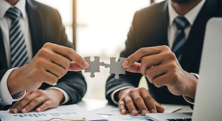 Businessmen collaborating on a complex problem solving puzzle