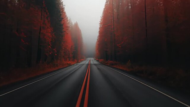 Aerial view of a long winding road surrounded by tall green forest trees under bright daylight
