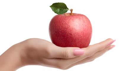 Fresh Red Apple with Leaf in Woman’s Hand
