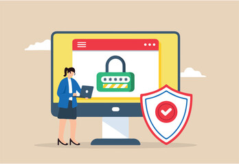 Flat illustration of employee inputting strong password on computer with secure login