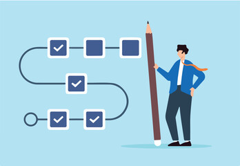 Flat illustration of project manager hold large pencil to check completed task tracking progress in project timeline