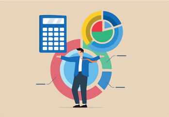 Obraz premium Businessman with calculator and pie chart. Concept of cost structure analysis, expense and income balance calculation, revenue assessment, debt and investment analysis, budgeting, and saving