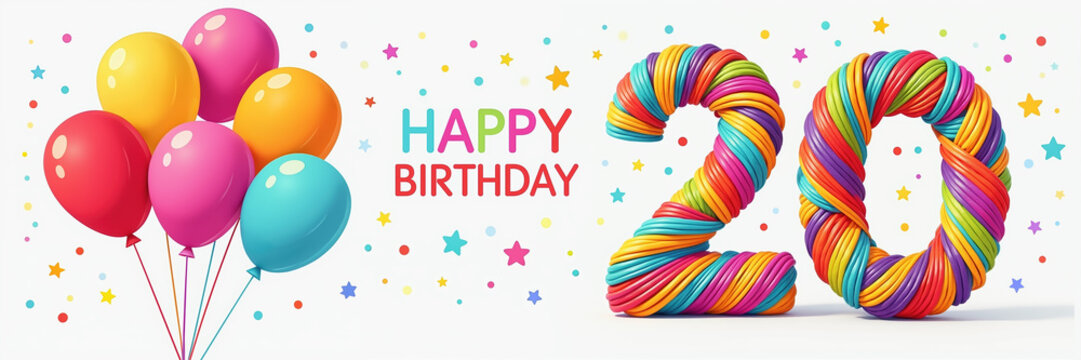 Balloons in red, pink, yellow, blue float beside Happy Birthday and twisted rainbow number 20. Stars and dots fill white background. - Powered by Adobe