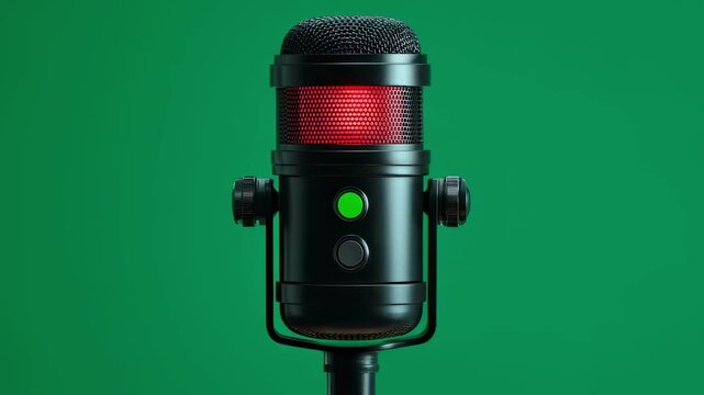 Futuristic desktop microphone mute switch showing red and green LED status lights isolated on bright green screen surface.