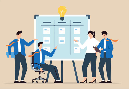 Vector illustration of team members categorizing ideas on whiteboard with sticky notes brainstorming session