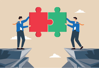 Flat illustration two businessmen connect jigsaw puzzle bridge on cliff symbolizing teamwork and partnership to solve problem